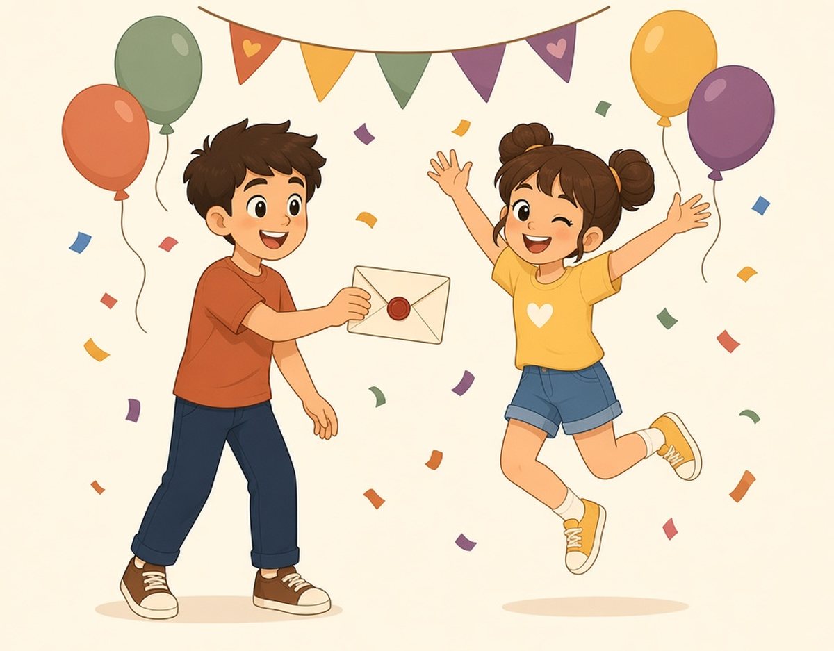 Can parti davetiyesini Ela'ya uzatıyor, Ela sevinçle zıplıyor; balonlar, bayraklar ve konfeti